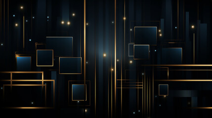Abstract square technology dark blue gold gradient background with digital geometric shape and line. Abstract technology futuristic glowing blue and gold light lines with speed motion blur effect.