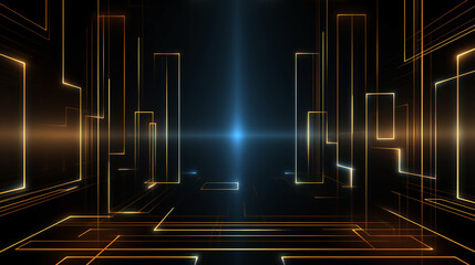 Abstract square technology dark blue gold gradient background with digital geometric shape and line. Abstract technology futuristic glowing blue and gold light lines with speed motion blur effect.