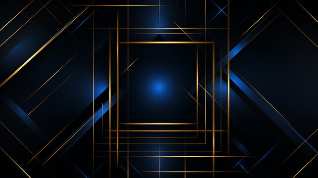 Abstract square technology dark blue gold gradient background with digital geometric shape and line. Abstract technology futuristic glowing blue and gold light lines with speed motion blur effect.