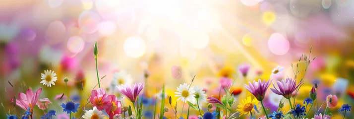 Rolgordijnen Spring flowers background with sunbeams, perfect for springthemed designs, nature projects, backgrounds, greeting cards, and floralthemed marketing materials. © Planetz