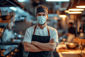 Male chef with mask and crossed arms in a kitchen. - obrazy, fototapety, plakaty