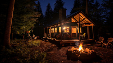 A starry night sky over a rustic cabin in the woods, with a campfire in front.