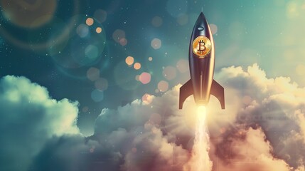 A Bitcoin-emblazoned rocket ascending through the clouds, depicting cryptocurrency's rapid...