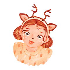 Cheeky little girl with antler headband, happy and playful