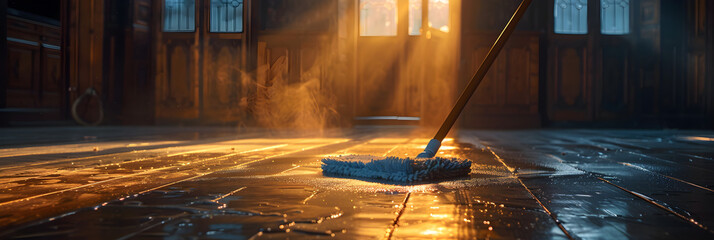 A floor with a blue mop on it,Broom Sweeping. - obrazy, fototapety, plakaty