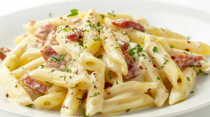 Penne creamy pasta carbonara close up