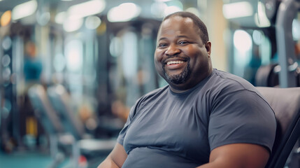 Happy African American overweight man at the gym