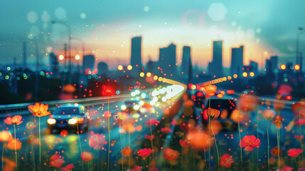 Double exposure concept photo traffic in city and flower garden.