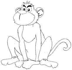 Black and white drawing of a happy monkey