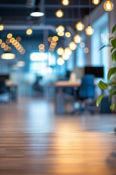 wooden table on blurred empty open space office. Abstract bokeh at office interior background for design.