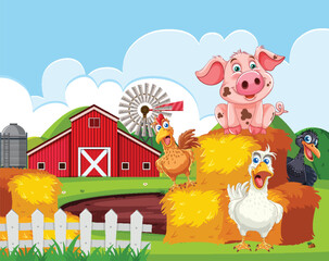 Cartoon farm animals in front of a red barn
