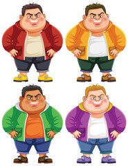 Four cartoon characters with different outfits and expressions.
