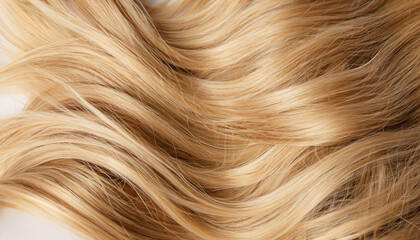 Naklejka premium Blond hair close-up as a background. Women's long light brown hair. Beautifully styled wavy shiny curls. Hair coloring. Hairdressing procedures, extension.