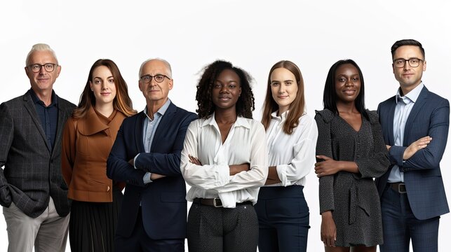 Portrait of business people on white background with city visual