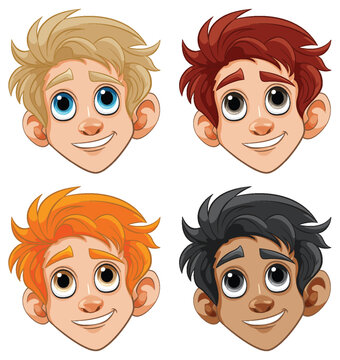 Four cartoon boys with different hairstyles and skin tones