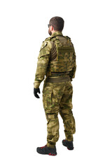 Fototapeta premium Back view of male soldier in military uniform isolated on white background