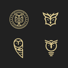Premium, Modern, Youthful, Gold Color Owl Bird Logo Set Collection For Technology, Multimedia, Business, Educational Service Company With Black Background