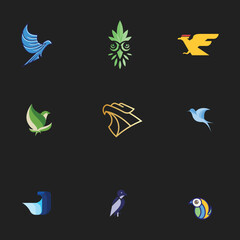 Premium, Modern, Youthful, Bird Logo Set Collection For Technology, Multimedia, Business Service Company With Black Background