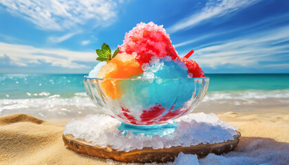 Refreshing image of mixed-flavor shaved ice on the beach.