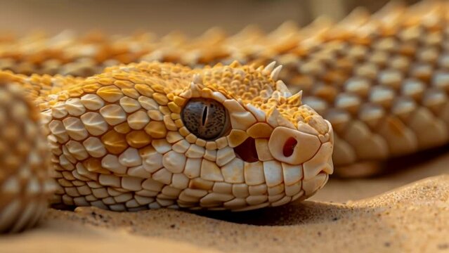 Closeup of a horned viper its scales intricately patterned in shades of beige and brown as it lies flat against the sandy ground.