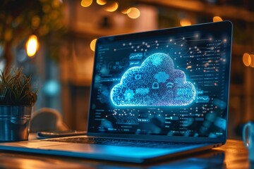 A laptop screen displays a vibrant cloud computing graphic, symbolizing digital data storage and network technology.