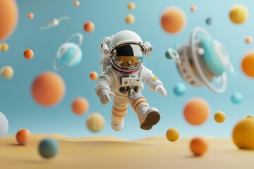 An animated astronaut character floats amidst whimsical planets in a playful and surreal space illustration.