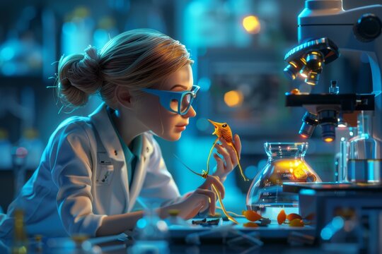 A female scientist in a laboratory closely observes a whimsical, bright orange, star-shaped creature through her glasses.