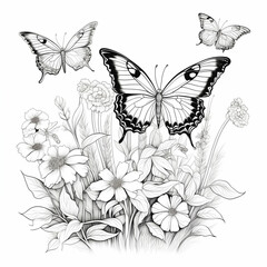 Two Butterflies Flying Over Flowers. Generative AI