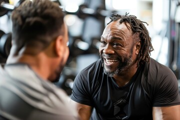 Happy personal trainer talking to his mature client during exercise class in gym