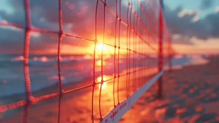 Fotobehang A serene sunset casts a warm glow through a beach volleyball net, evoking a peaceful, sporty atmosphere. © Sodapeaw
