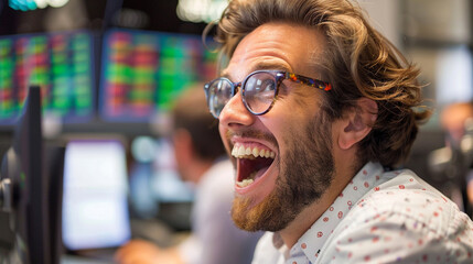 A man smiles in front of a rising stock market graph, feeling joyful about his investment success.
