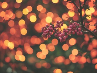 Golden Autumn Glow with Bokeh Lights and Red Leaves