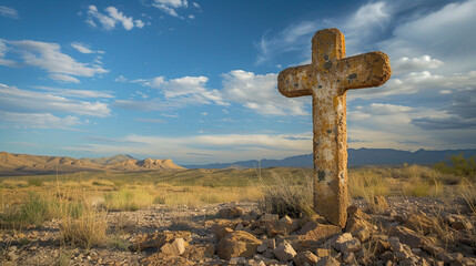 An ancient stone cross standing on rugged terrain, enduring through the ages as a testament to faith and perseverance