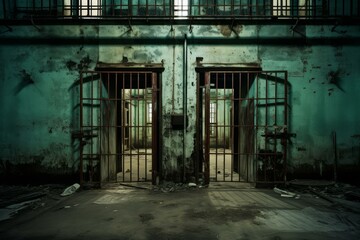 Forbidding Prison doors. Lock stone cage. Generate Ai