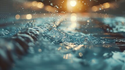 Close-up of turbulent water in a swimming pool with sparkling sunset light creating a tranquil atmosphere.
