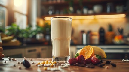 A glass of protein shake accompanied by fresh strawberries, banana, and orange slices on a warm kitchen counter.