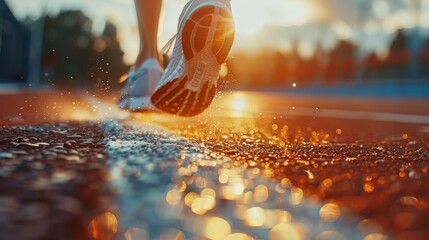 Close-up of a runner's shoe hitting the track, creating a spray of golden light at sunset.