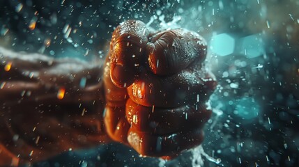 A boxer's clenched fist, captured in stunning detail amidst a shower of water droplets, exudes power and readiness. - obrazy, fototapety, plakaty