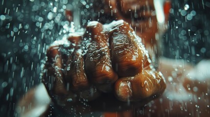A dramatic, close-up image of a boxer's glove in the rain, emphasizing texture and the intensity of the sport. - obrazy, fototapety, plakaty