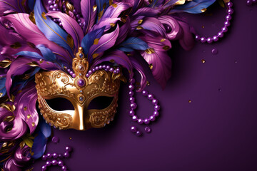 Carnival mask on purple background, Mardi Gras carnival party banner, empty space fot text