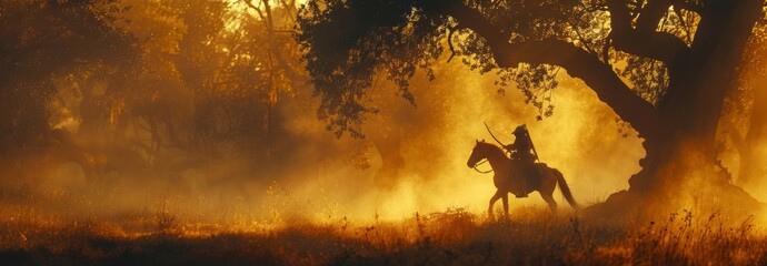 Silhouetted Knight. Gallant Warrior Riding into the Sunset, Sword Drawn and Bow Ready, Mounted on His Majestic Steed, Embarking on a Heroic Adventure - obrazy, fototapety, plakaty