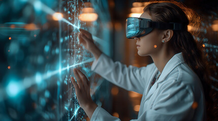 Scientists are working using vision headsets and 3D hologram Interface sci-fi. Future world concept