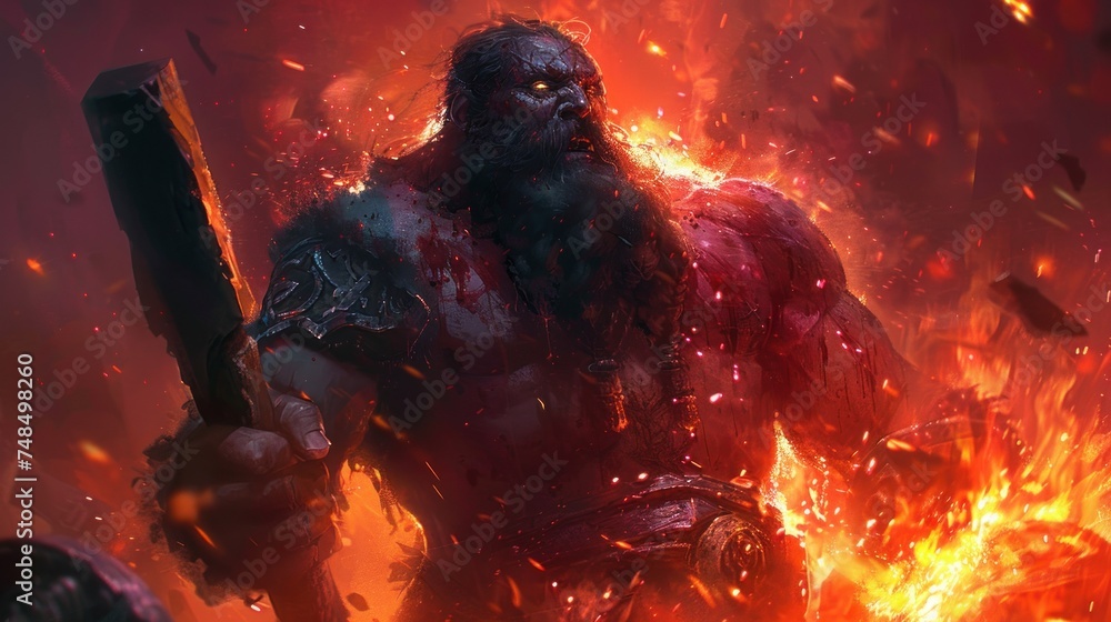 Poster fiery cyclops in a vivid inferno. surreal artistic rendering of the mythical beast amidst a backgrou