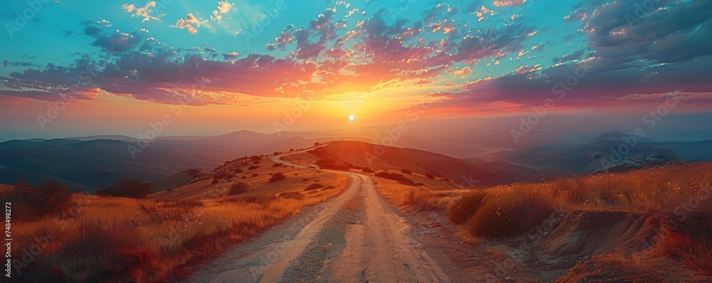 Canvas Prints evening through the fields. bathed in the warm glow of the setting sun, a tranquil path winds throug
