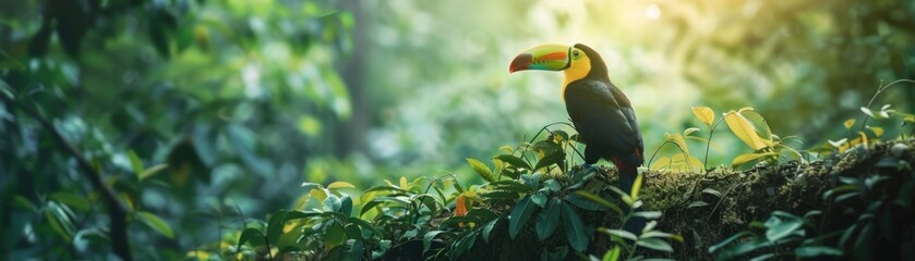 Colorful Avian Wonders. Stunning Toucan of the Tropics Perched Amidst the Lush Greenery of the Forest Capturing the Beauty and Diversity of Nature's Feathered Creatures - obrazy, fototapety, plakaty