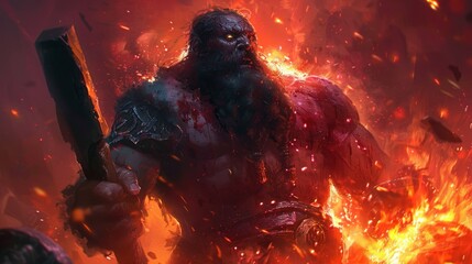 Obraz premium Fiery Cyclops in a Vivid Inferno. Surreal Artistic Rendering of the Mythical Beast amidst a Background of Intense Heat and Red Hot Flames