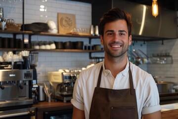 Fototapeta na wymiar Male entrepreneur wearing apron in kitchen at coffee shop