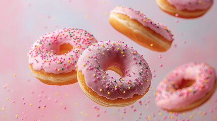 delicious flying donuts with pastel pink glaze and sprinkles on a pastel background