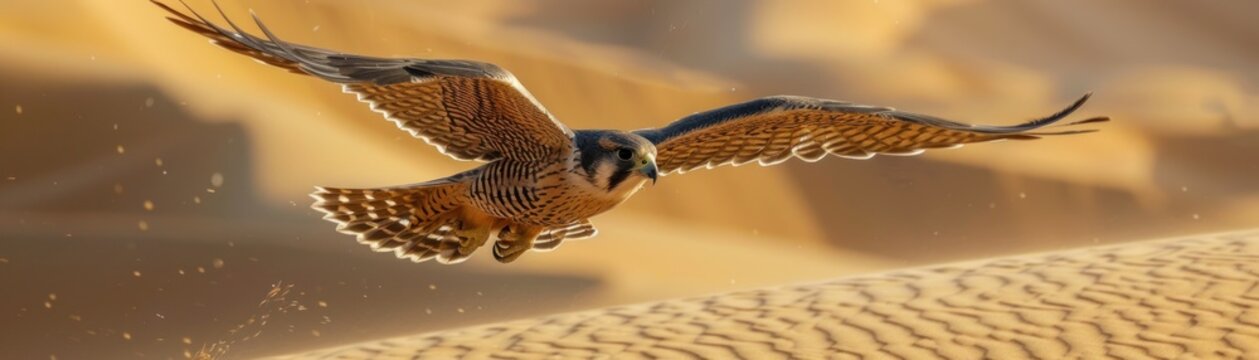 Eagle Soaring Over Sandy Shores. Witness the Majestic Flight of a Powerful Bird of Prey as it Glides Effortlessly Above the Desert Sands