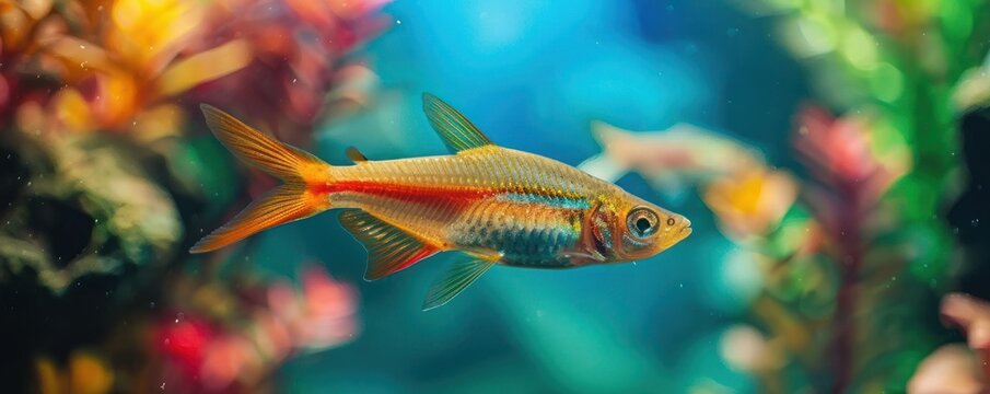 Vibrant Underwater World. Spectacular Aquarium Scene Teeming with Colorful Tropical Fishes. Amidst the Clear Blue Waters, Exotic Cichlids